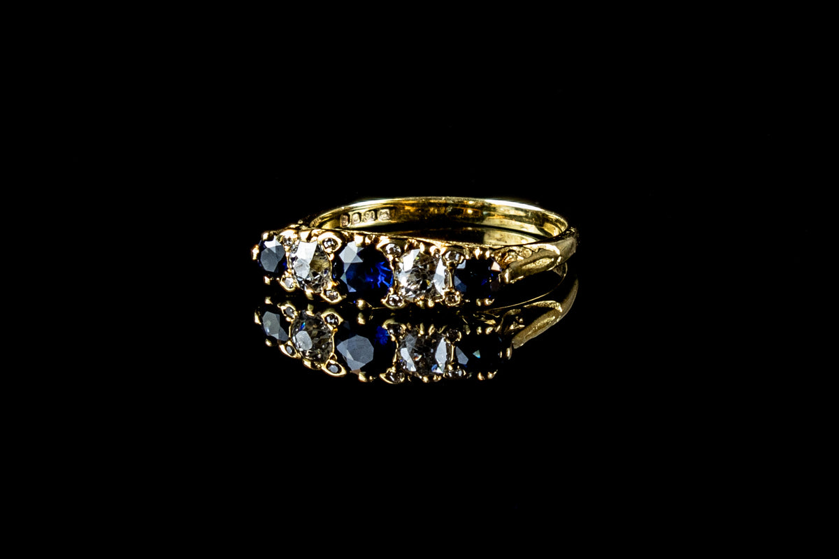 Antique 18ct Gold Five Stone 0.64ct Sapphire and Old Cut 0.91ct Diamond Ring