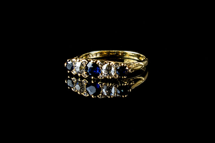 Antique 18ct Gold Five Stone 0.64ct Sapphire and Old Cut 0.91ct Diamond Ring