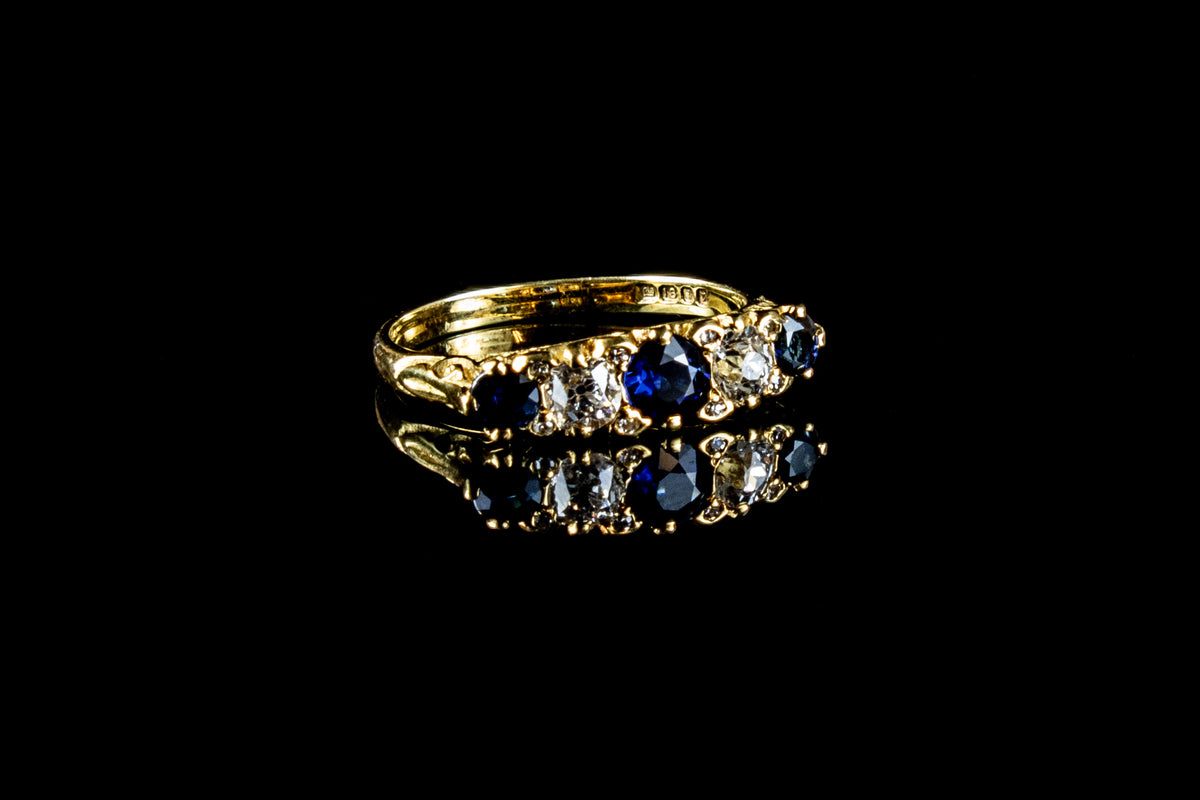 Antique 18ct Gold Five Stone 0.64ct Sapphire and Old Cut 0.91ct Diamond Ring