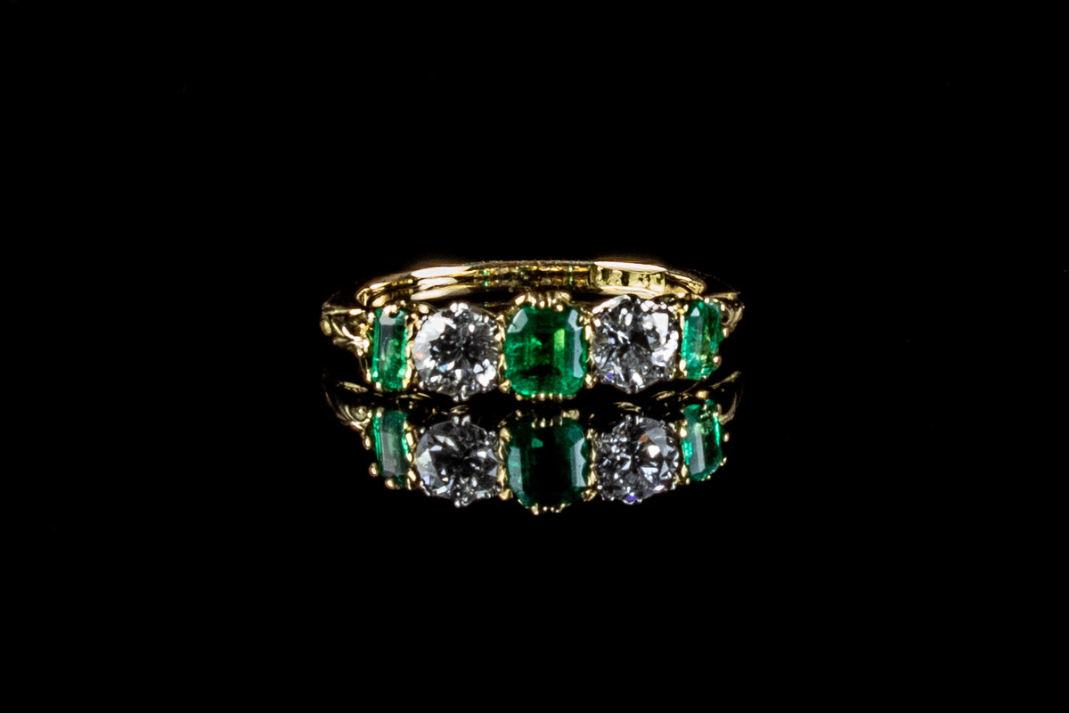 Antique 18ct Gold Five Stone Emerald and Old cut Diamond Ring