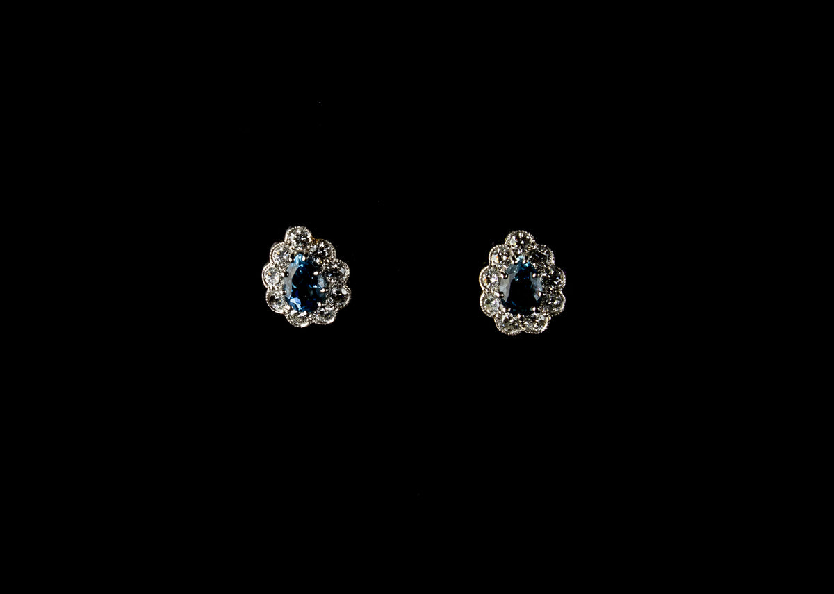 18ct White Gold Pear Cut Aquamarine and Diamond Cluster Stud Earrings
