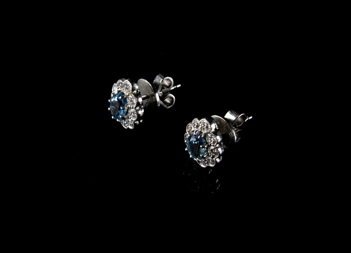 18ct White Gold Pear Cut Aquamarine and Diamond Cluster Stud Earrings