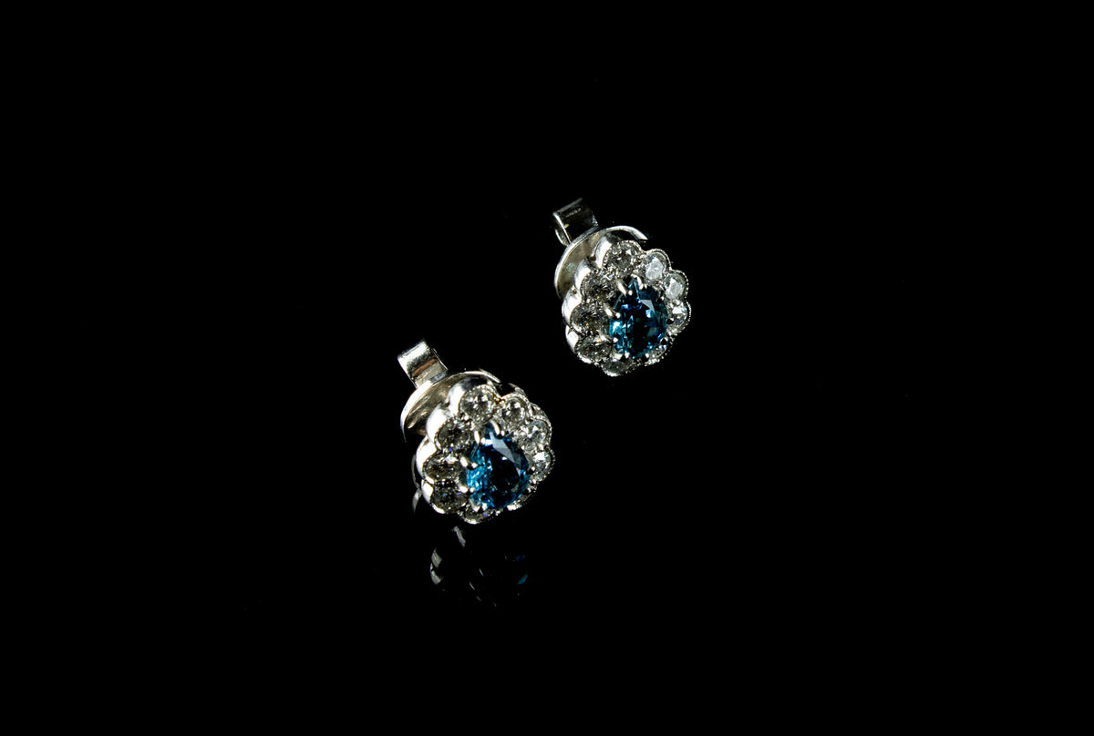 18ct White Gold Pear Cut Aquamarine and Diamond Cluster Stud Earrings