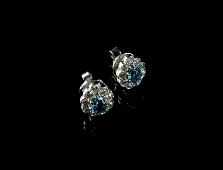 18ct White Gold Pear Cut Aquamarine and Diamond Cluster Stud Earrings