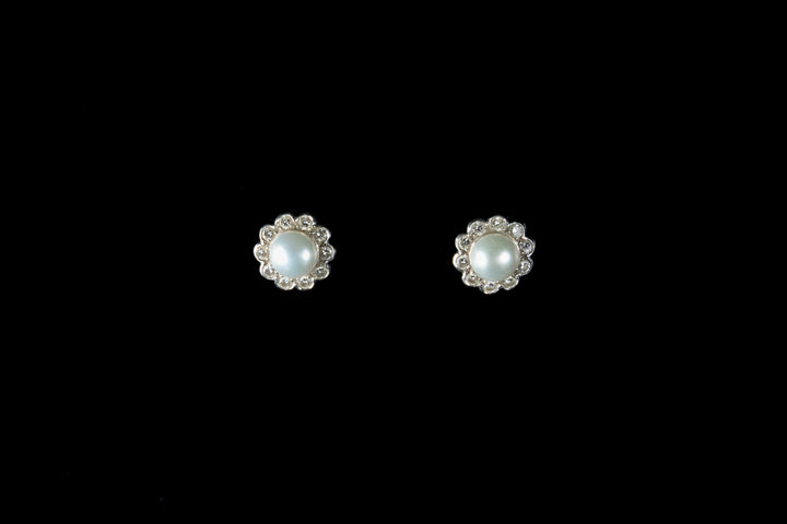 18ct White Gold Pearl and Diamond Cluster Stud Earrings