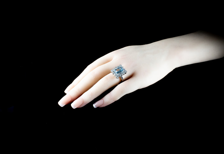 18ct Gold Emerald Cut 1.96ct Aquamarine and Diamond Cluster Ring