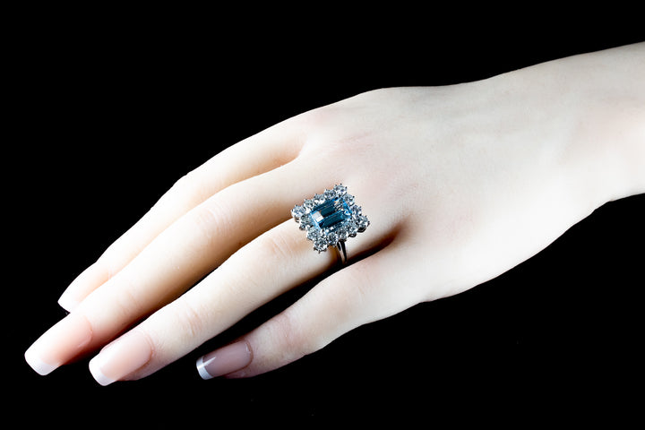 18ct Gold Emerald Cut 1.96ct Aquamarine and Diamond Cluster Ring