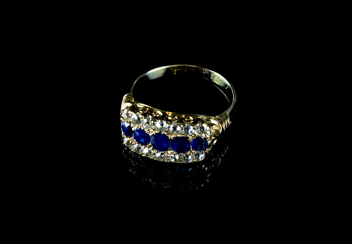 Antique 18ct Gold Boat Shaped Sapphire and Diamond Ring, Circa 1900
