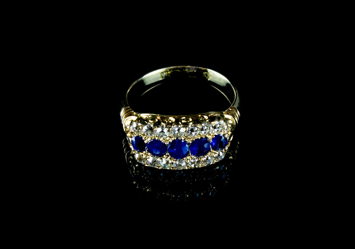 Antique 18ct Gold Boat Shaped Sapphire and Diamond Ring, Circa 1900