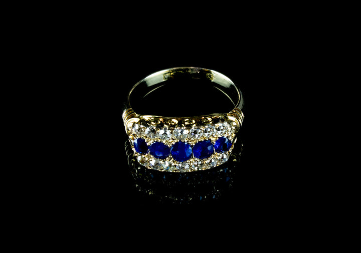 Antique 18ct Gold Boat Shaped Sapphire and Diamond Ring, Circa 1900