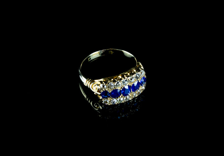 Antique 18ct Gold Boat Shaped Sapphire and Diamond Ring, Circa 1900