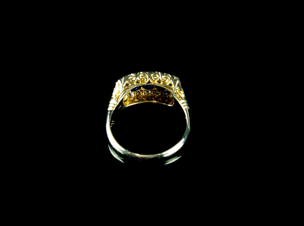 Antique 18ct Gold Boat Shaped Sapphire and Diamond Ring, Circa 1900