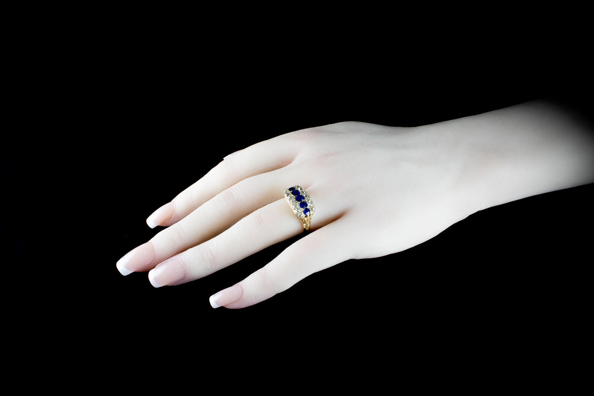 Antique 18ct Gold Boat Shaped Sapphire and Diamond Ring, Circa 1900