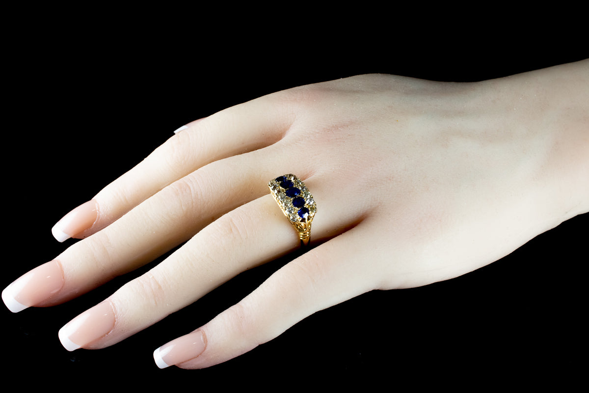 Antique 18ct Gold Boat Shaped Sapphire and Diamond Ring, Circa 1900