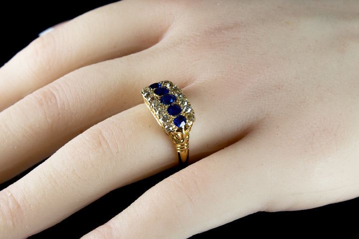 Antique 18ct Gold Boat Shaped Sapphire and Diamond Ring, Circa 1900