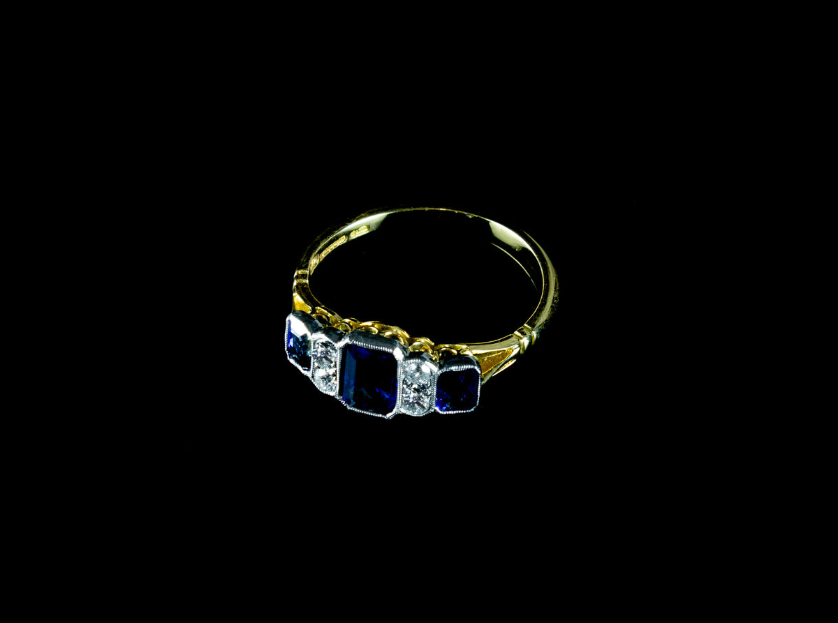 Art Deco Style Sapphire and Old Cut Diamond Ring Set in Platinum and 18ct Gold
