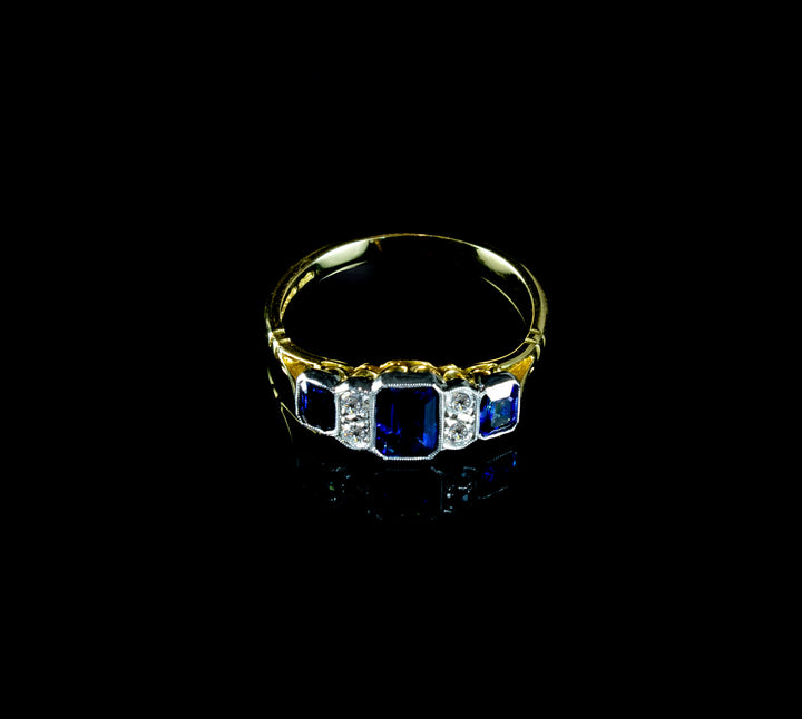 Art Deco Style Sapphire and Old Cut Diamond Ring Set in Platinum and 18ct Gold