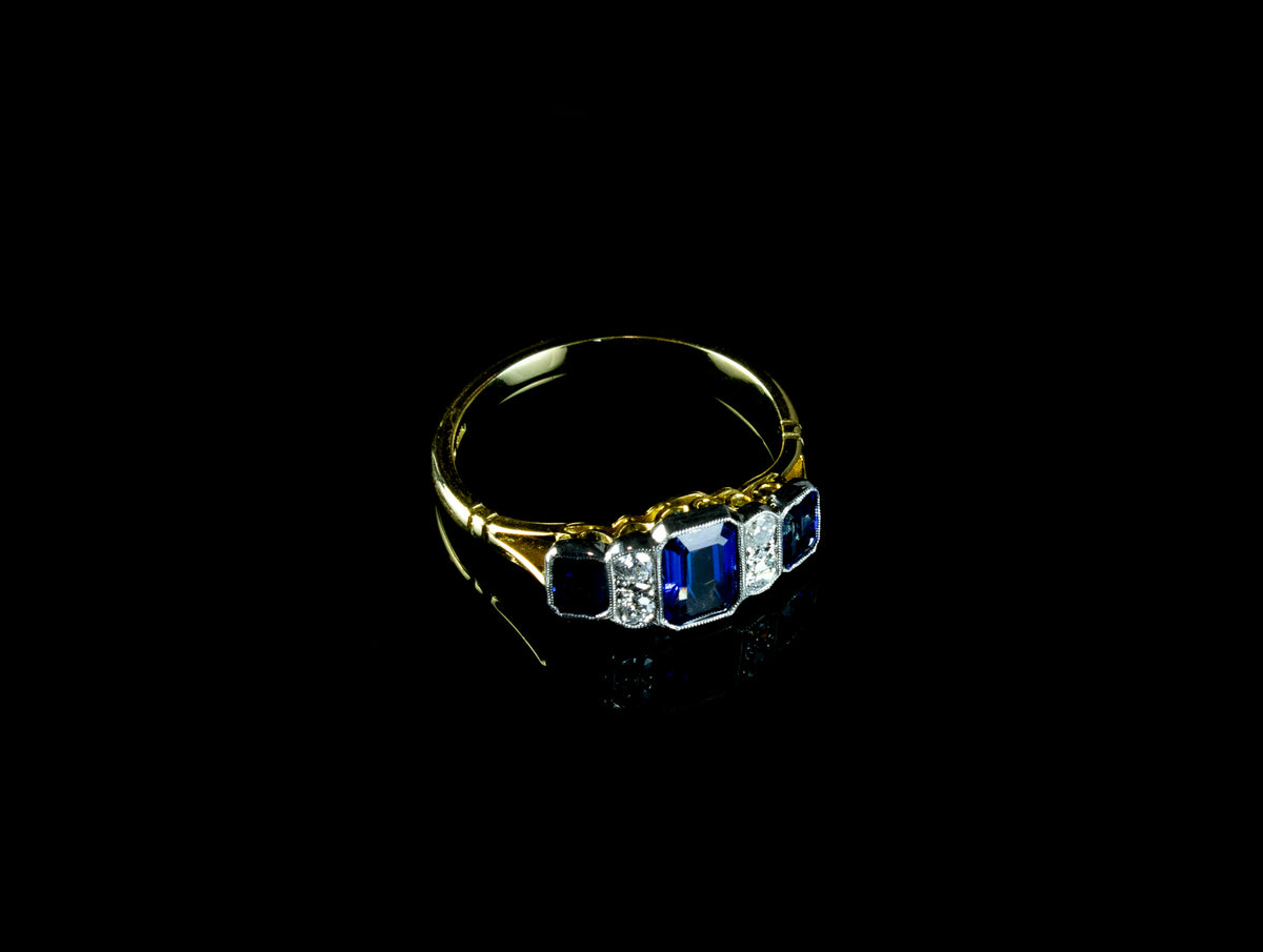 Art Deco Style Sapphire and Old Cut Diamond Ring Set in Platinum and 18ct Gold