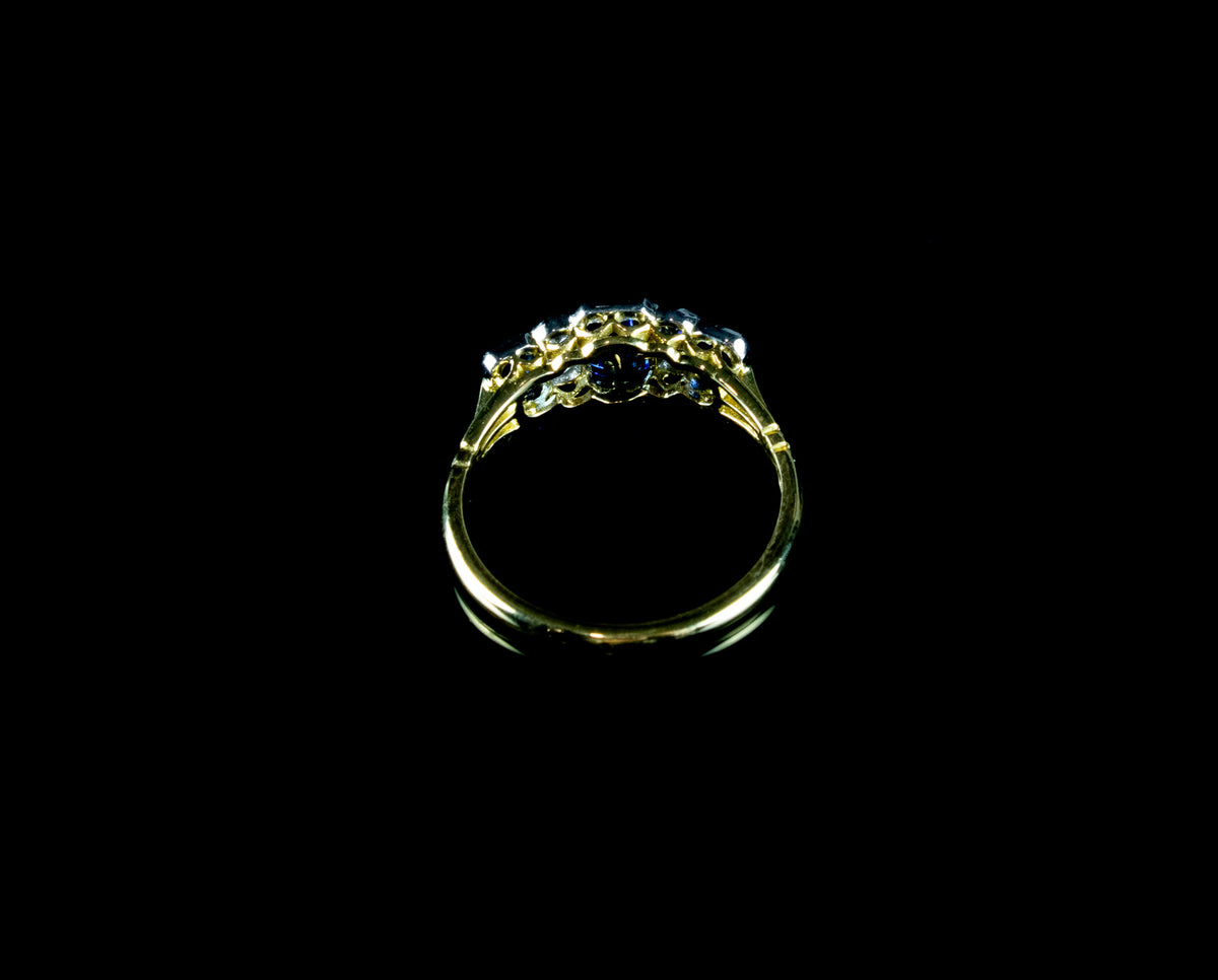 Art Deco Style Sapphire and Old Cut Diamond Ring Set in Platinum and 18ct Gold