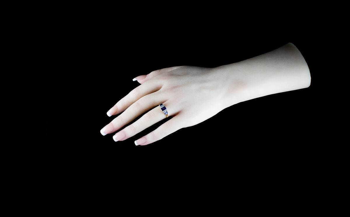 Art Deco Style Sapphire and Old Cut Diamond Ring Set in Platinum and 18ct Gold