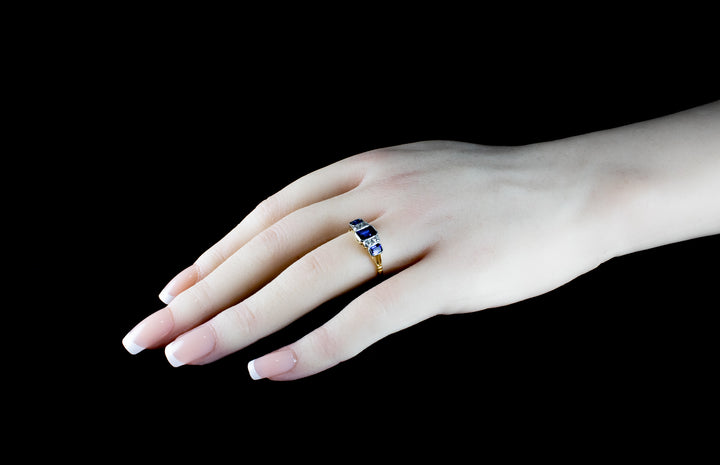 Art Deco Style Sapphire and Old Cut Diamond Ring Set in Platinum and 18ct Gold