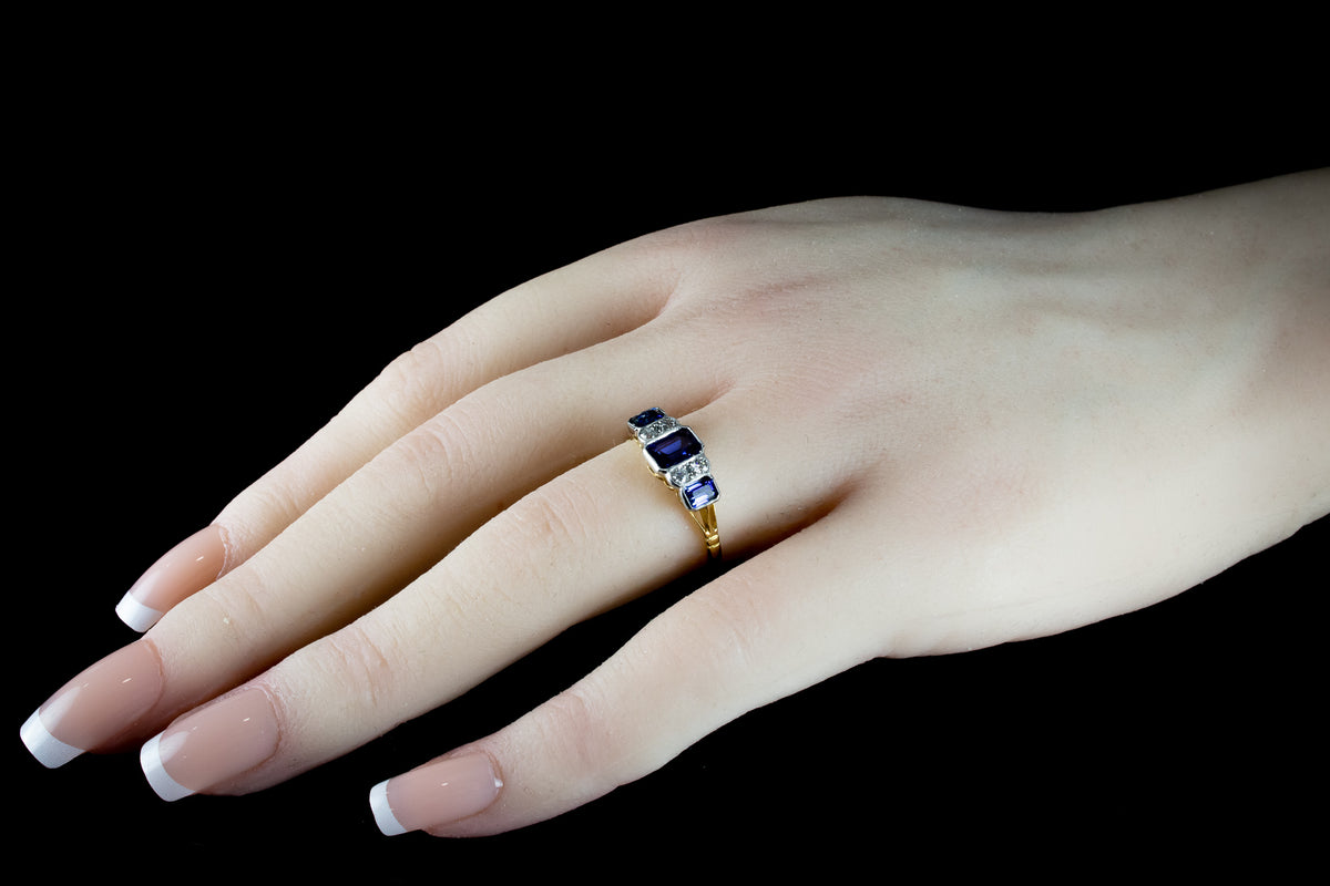 Art Deco Style Sapphire and Old Cut Diamond Ring Set in Platinum and 18ct Gold