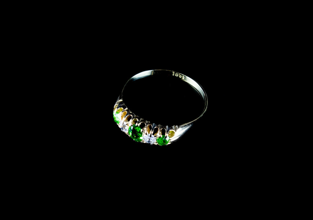 1930s Green Garnet and Old Cut Diamond Five Stone Ring Set in 18ct Gold