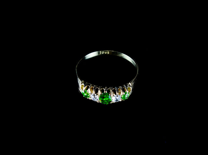 1930s Green Garnet and Old Cut Diamond Five Stone Ring Set in 18ct Gold