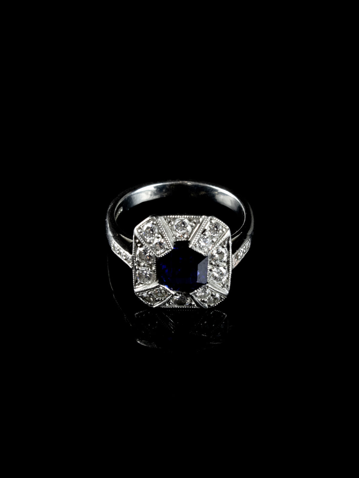 Art Deco Style Sapphire and Old Cut Diamond Cluster Ring Crafted in Platinum