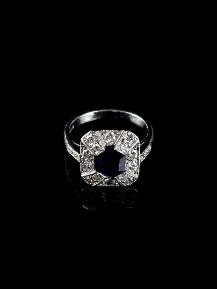 Art Deco Style Sapphire and Old Cut Diamond Cluster Ring Crafted in Platinum