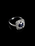 Art Deco Style Sapphire and Old Cut Diamond Cluster Ring Crafted in Platinum