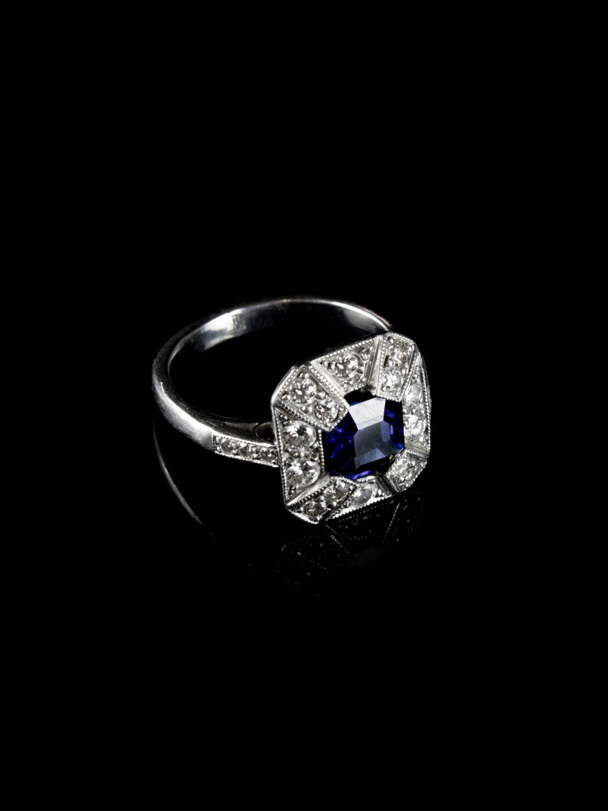 Art Deco Style Sapphire and Old Cut Diamond Cluster Ring Crafted in Platinum