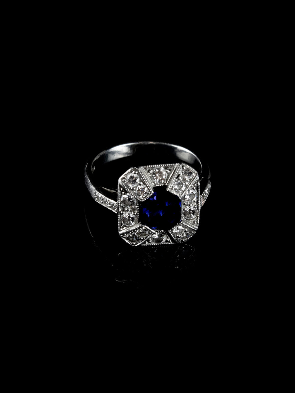 Art Deco Style Sapphire and Old Cut Diamond Cluster Ring Crafted in Platinum