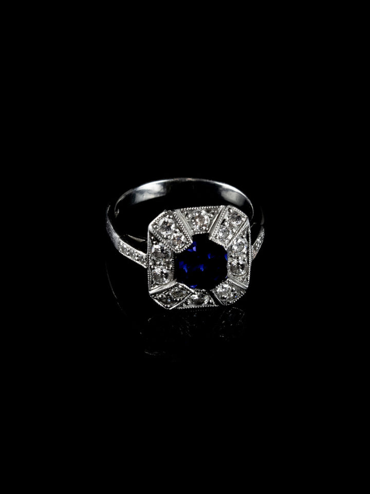 Art Deco Style Sapphire and Old Cut Diamond Cluster Ring Crafted in Platinum