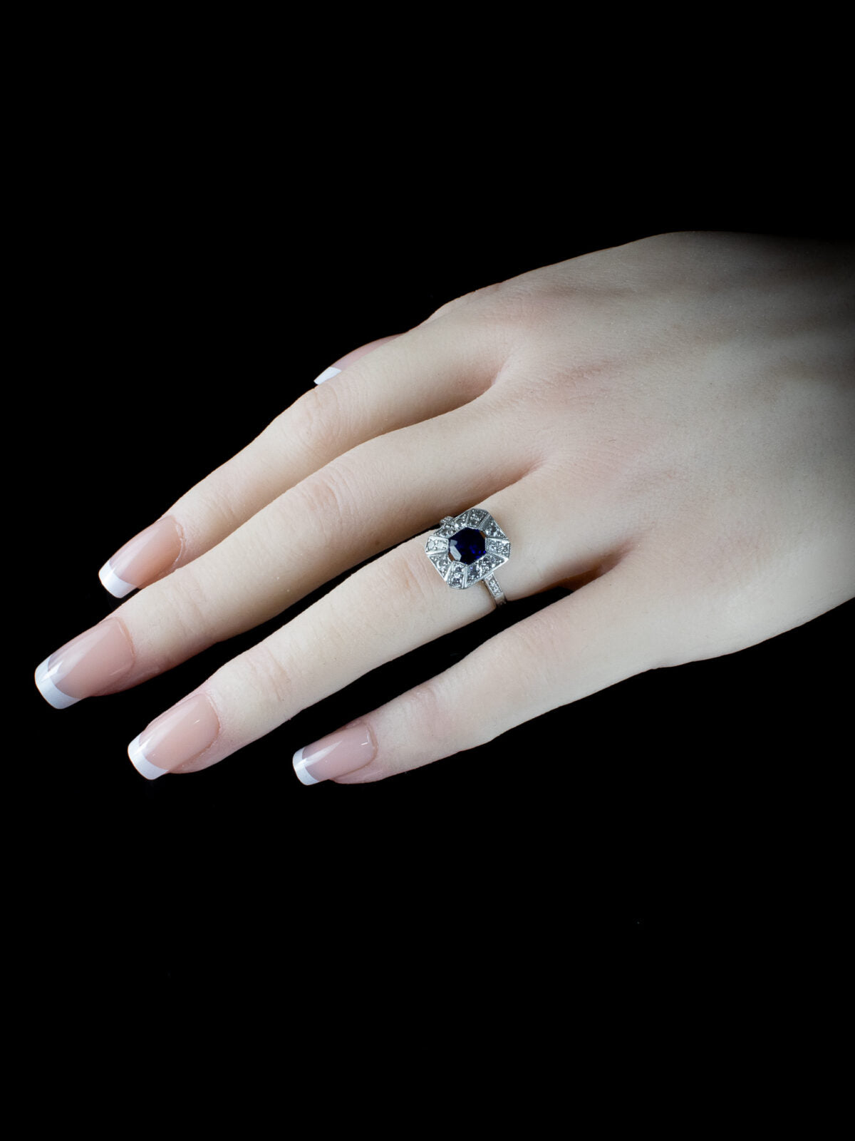 Art Deco Style Sapphire and Old Cut Diamond Cluster Ring Crafted in Platinum