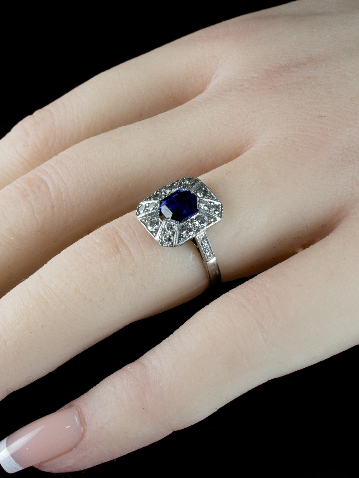 Art Deco Style Sapphire and Old Cut Diamond Cluster Ring Crafted in Platinum