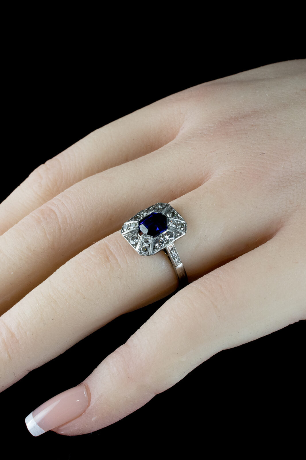 Art Deco Style Sapphire and Old Cut Diamond Cluster Ring Crafted in Platinum