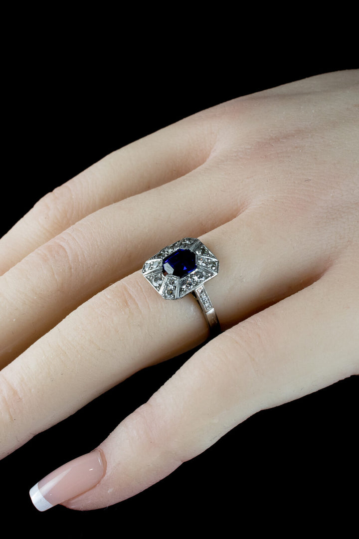 Art Deco Style Sapphire and Old Cut Diamond Cluster Ring Crafted in Platinum