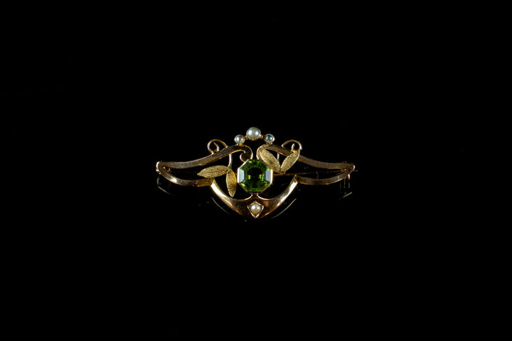 Antique 9ct Gold Peridot and Pearl Brooch, Circa 1900