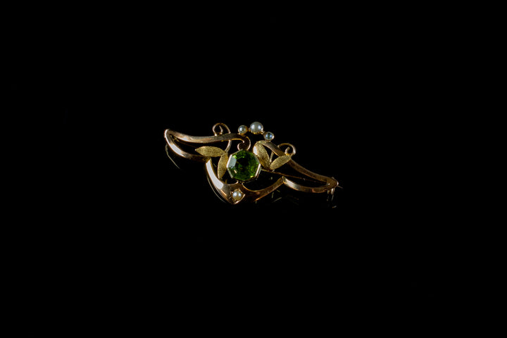 Antique 9ct Gold Peridot and Pearl Brooch, Circa 1900