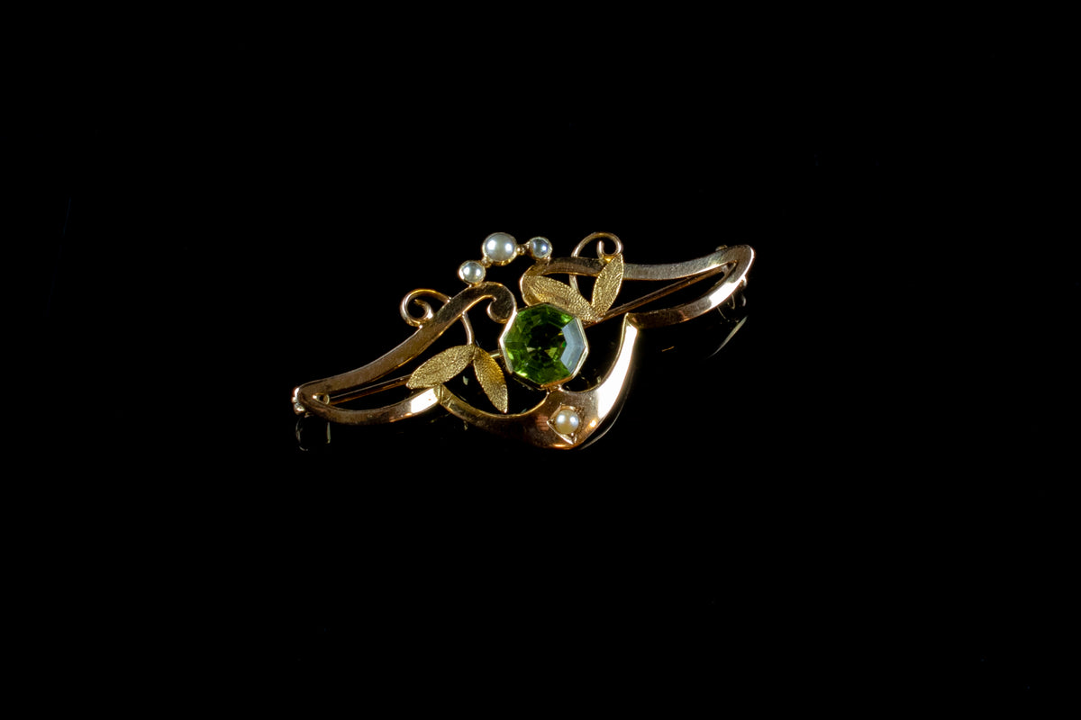 Antique 9ct Gold Peridot and Pearl Brooch, Circa 1900