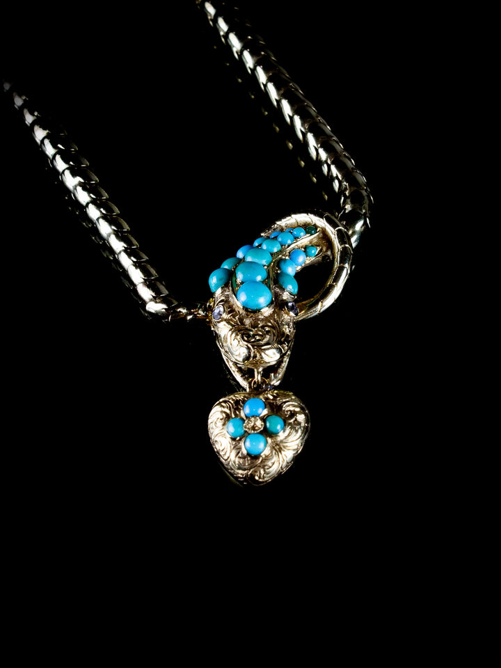 Victorian 18ct Gold Turquoise and Diamond Snake Necklace, Circa 1860