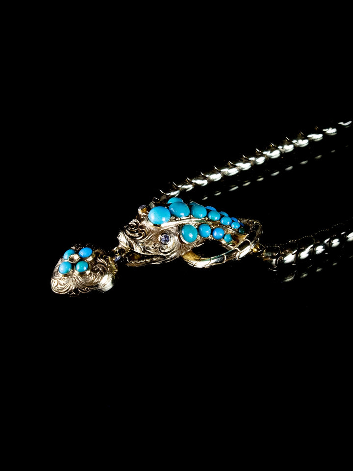 Victorian 18ct Gold Turquoise and Diamond Snake Necklace, Circa 1860