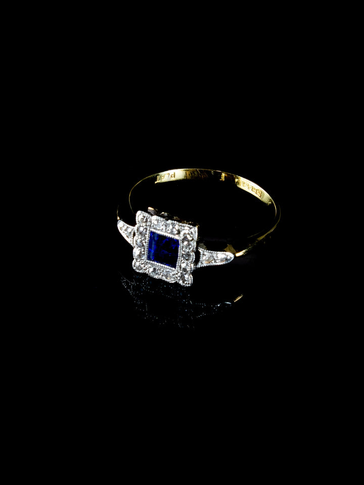Antique Art Deco 18ct Gold and Platinum Sapphire and Diamond Ring, Circa 1920