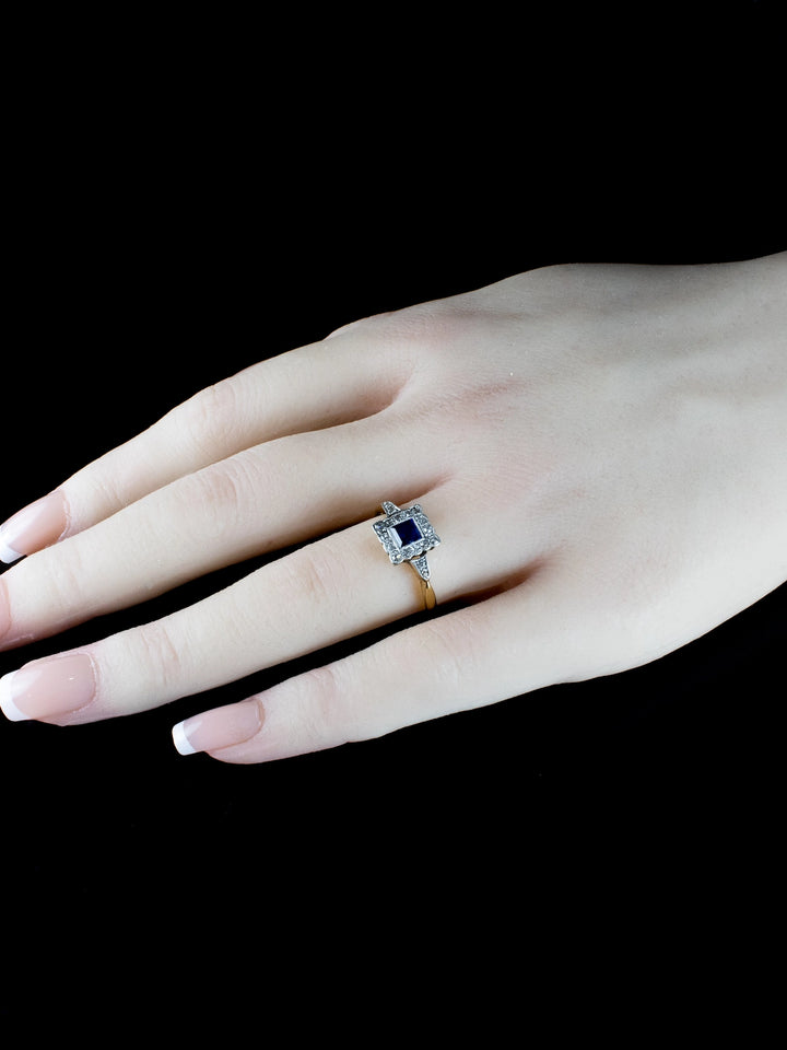 Antique Art Deco 18ct Gold and Platinum Sapphire and Diamond Ring, Circa 1920