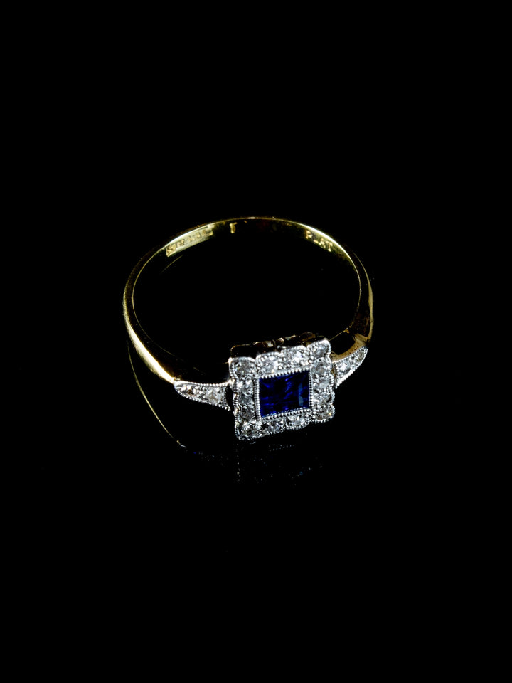 Antique Art Deco 18ct Gold and Platinum Sapphire and Diamond Ring, Circa 1920