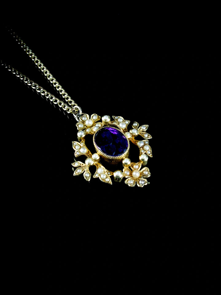 Antique Victorian 15ct Gold Amethyst and Pearl Pendant, Circa 1900