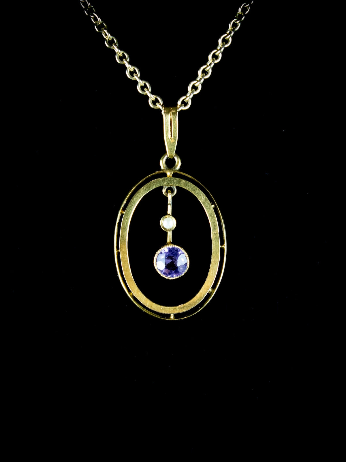 Antique Edwardian 9ct Gold Amethyst and Seed Pearl Pendant, Circa 1905