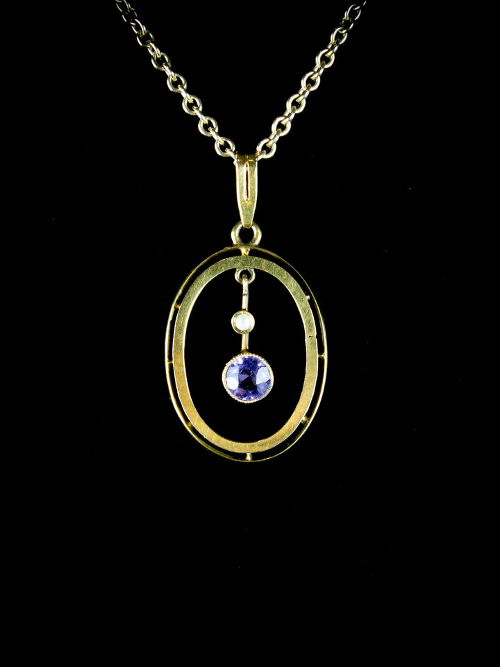 Antique Edwardian 9ct Gold Amethyst and Seed Pearl Pendant, Circa 1905