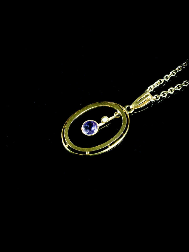 Antique Edwardian 9ct Gold Amethyst and Seed Pearl Pendant, Circa 1905